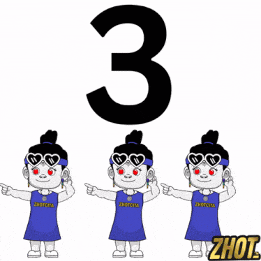 three cartoon characters with hearts on their eyes and the number 3 in the background
