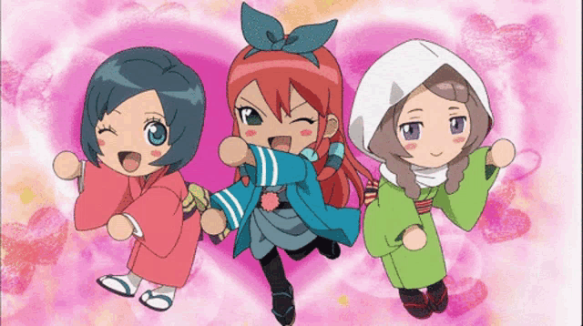 three anime girls are standing next to each other on a pink heart background