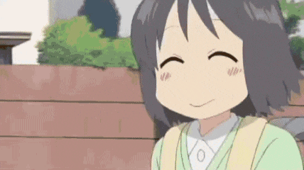a cartoon girl is smiling while sitting on a bench in front of a wooden fence .