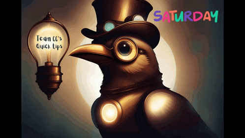 a bird wearing a top hat and goggles next to a light bulb that says saturday team cc 's quick tips