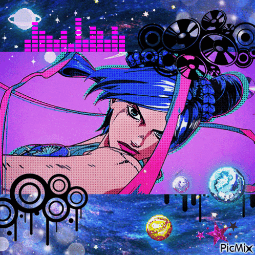 a picture of a woman with headphones and the word picmix