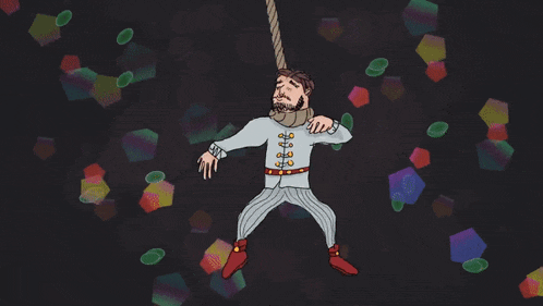 a cartoon of a man hanging from a rope in a dark room
