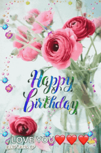 a happy birthday greeting card with pink roses in a vase