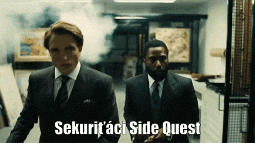 two men in suits and ties are walking in a hallway with the words " securitaci side quest " written on the bottom