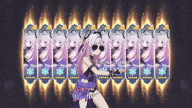 a girl with sunglasses is surrounded by a row of cards that say new