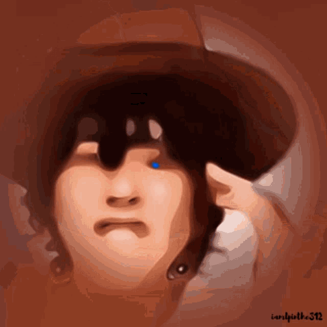a drawing of a person with a cowboy hat has the numbers 312 on the bottom left