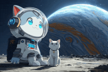 a cat in a space suit sits next to a cat