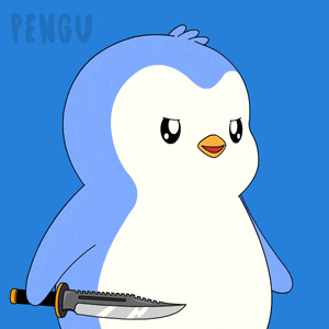 a penguin with a knife in its mouth and the word pengu on the bottom right