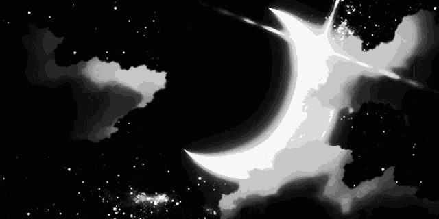 a black and white drawing of a crescent moon surrounded by clouds and stars