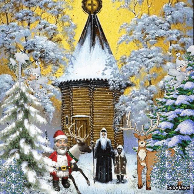 a painting of santa claus and his reindeer standing in front of a church