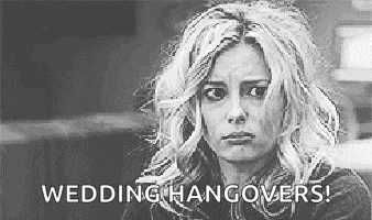a black and white photo of a woman with messy hair and the words `` wedding hangovers ! ''