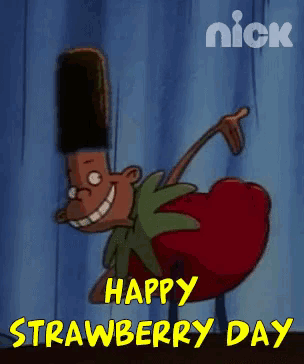 a cartoon character is dressed as a strawberry and wishing everyone a happy strawberry day