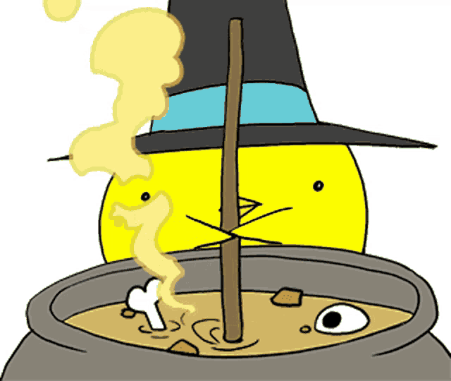 a cartoon of a chicken wearing a witch hat cooking a pot of soup