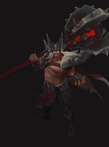 a cartoon character is holding a large axe with a red light coming out of it