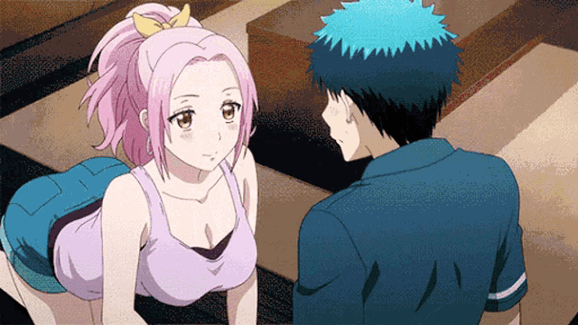 a man and a woman are looking at each other in an anime
