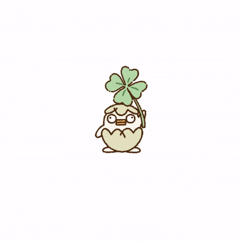 a cartoon chick is holding a four leaf clover on its head