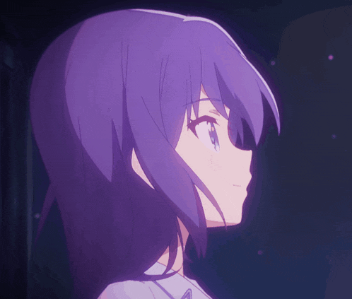 a girl with purple hair and blue eyes looks to the side