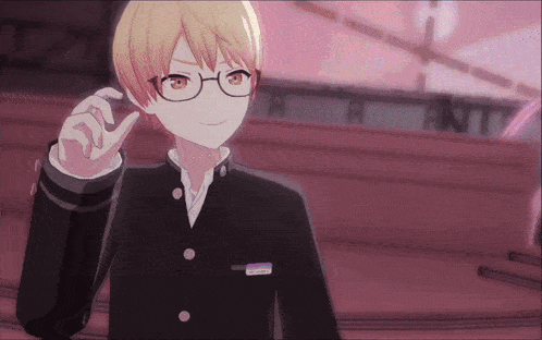 a boy wearing glasses is standing in front of a sign that says " anti "