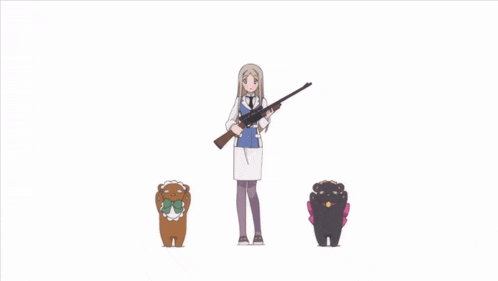 a woman is holding a rifle next to two bears