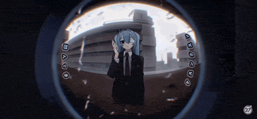 a girl in a suit and tie is looking through a doorbell