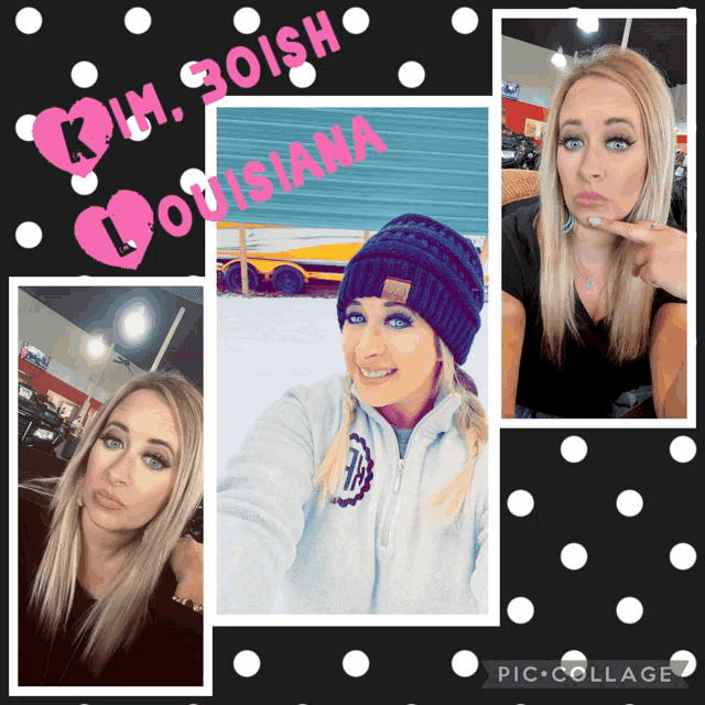 a collage of three pictures of a woman with the words kim soish louisiana on top