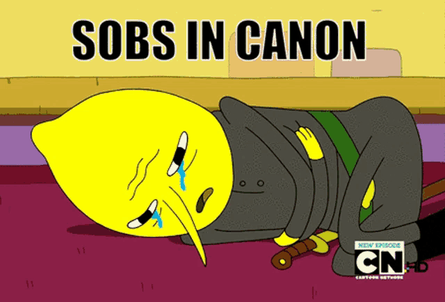 a cartoon of a lemon laying down with sobs in canon written above him
