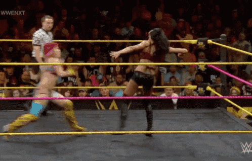 two women are wrestling in a ring with a referee in the background and the words wwe nxt on the bottom right