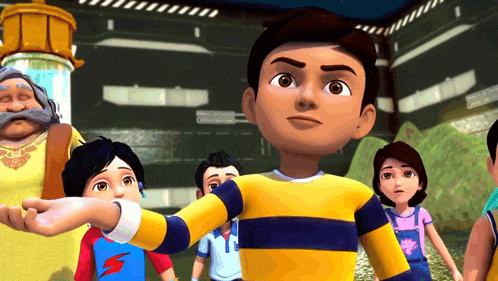 a boy in a yellow and blue striped shirt with a lightning bolt on his shirt