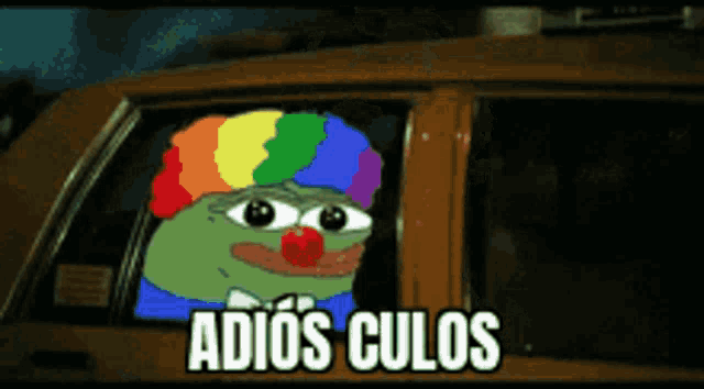a cartoon of a clown in a car with the words adios culos below him