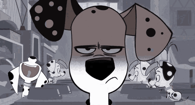 a dalmatian dog with a sad look on his face surrounded by other dalmatian dogs