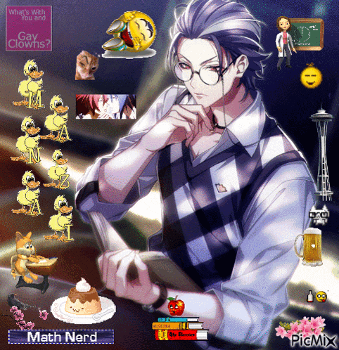 a man with glasses is surrounded by cartoon ducks and a sign that says math nerd