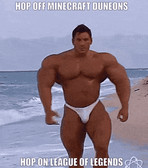 a muscular man in a bikini on the beach with the caption hop off minecraft duneons