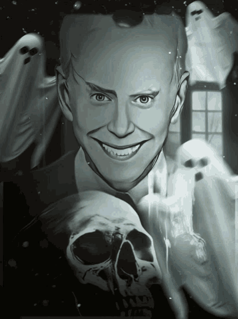 a black and white drawing of a man holding a skull with ghosts in the background
