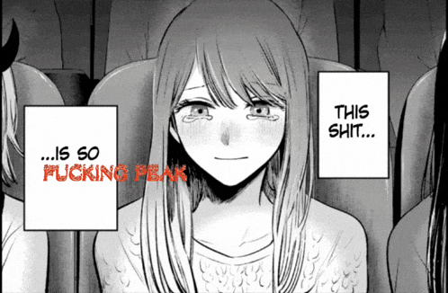 a woman is crying in front of a sign that says this shit ... is so fucking peak