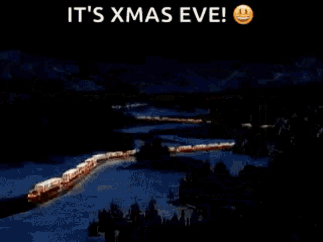 a couple standing in front of a christmas tree with the words `` it 's xmas eve '' .