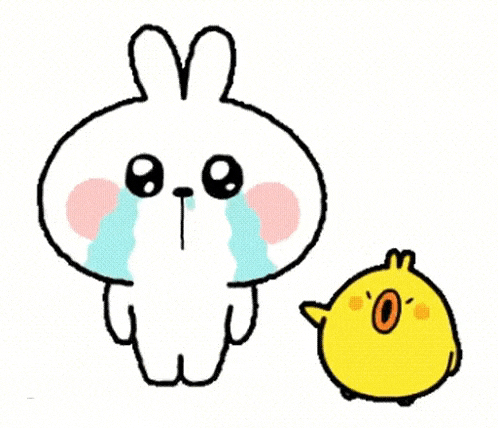 a rabbit is crying next to a small yellow chicken .