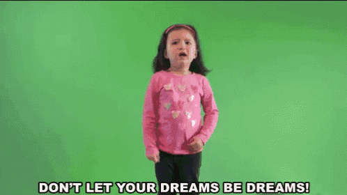 a little girl in a pink shirt is saying " don 't let your dreams be dreams " .