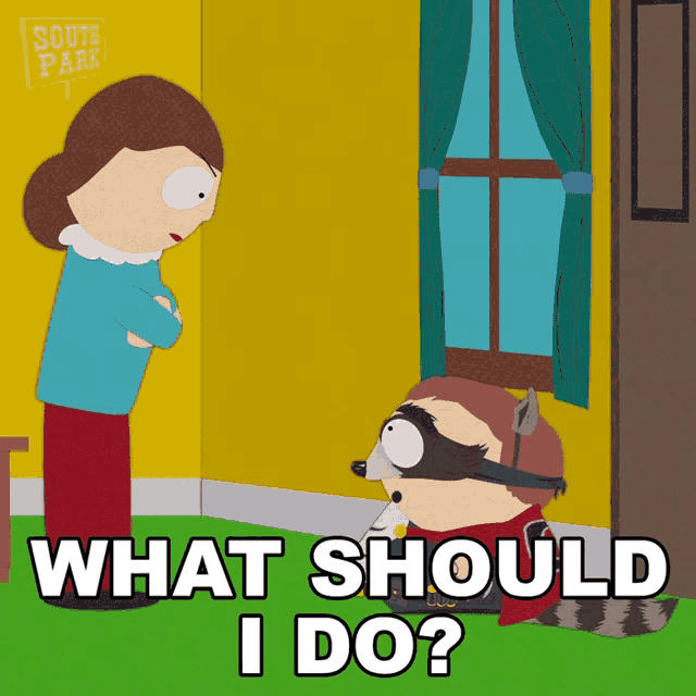 a cartoon of a woman and a raccoon with the words what should i do