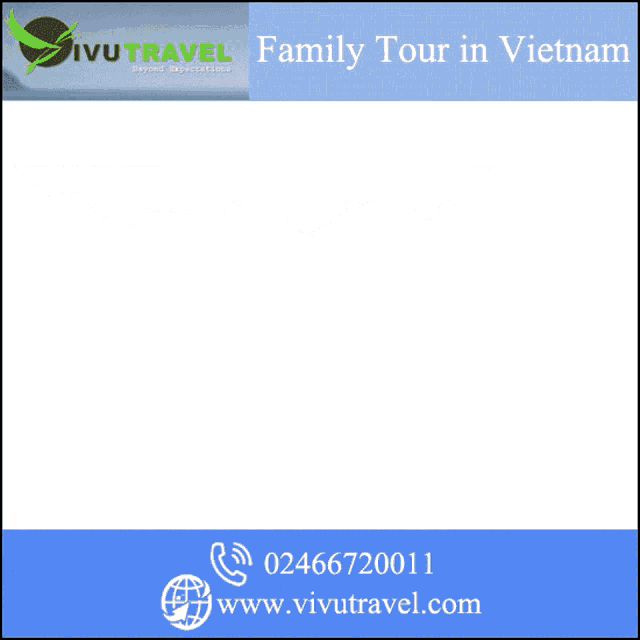 an advertisement for a family tour in vietnam shows a boy riding a water buffalo
