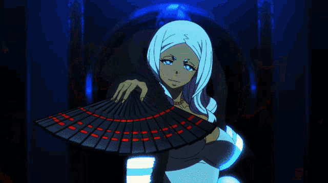 a woman with purple eyes is holding a fan with fire coming out of it