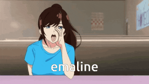 a girl in a blue shirt is sitting at a table with her tongue hanging out and the word emaline written on the bottom