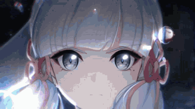 a girl with white hair and blue eyes is looking at the camera .
