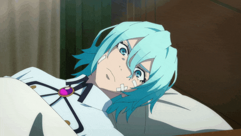 a blue haired anime character with bandages on her face