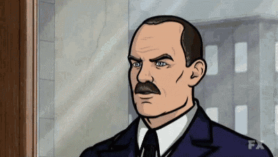 a cartoon man with a mustache is standing in front of a glass door .