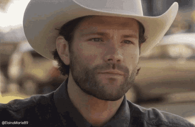 a man with a beard wears a cowboy hat