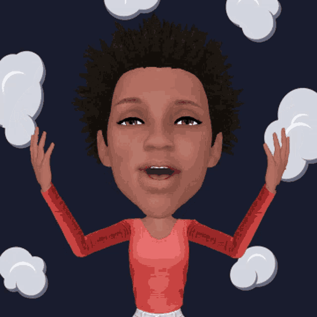 a cartoon of a woman with her arms outstretched in front of a cloud