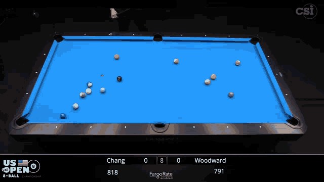 a pool table with the us open written on the bottom right