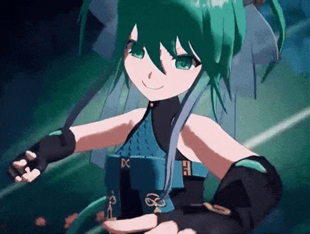 a 3d anime girl with green hair is holding a blue box and smiling .