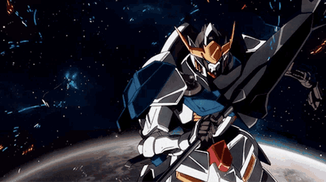 a cartoon drawing of a robot in space with its arms outstretched