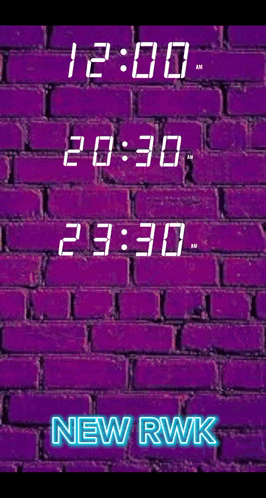 a purple brick wall has a neon sign that says new rwk